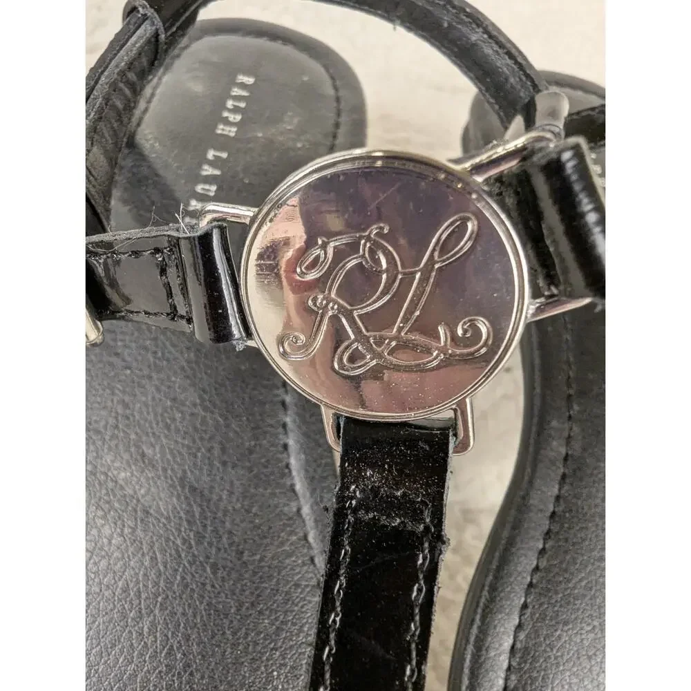 Ralph‎ Lauren Sueanne Sandals Boys 5 Black Excellent Silver RL Logo Thong Flat